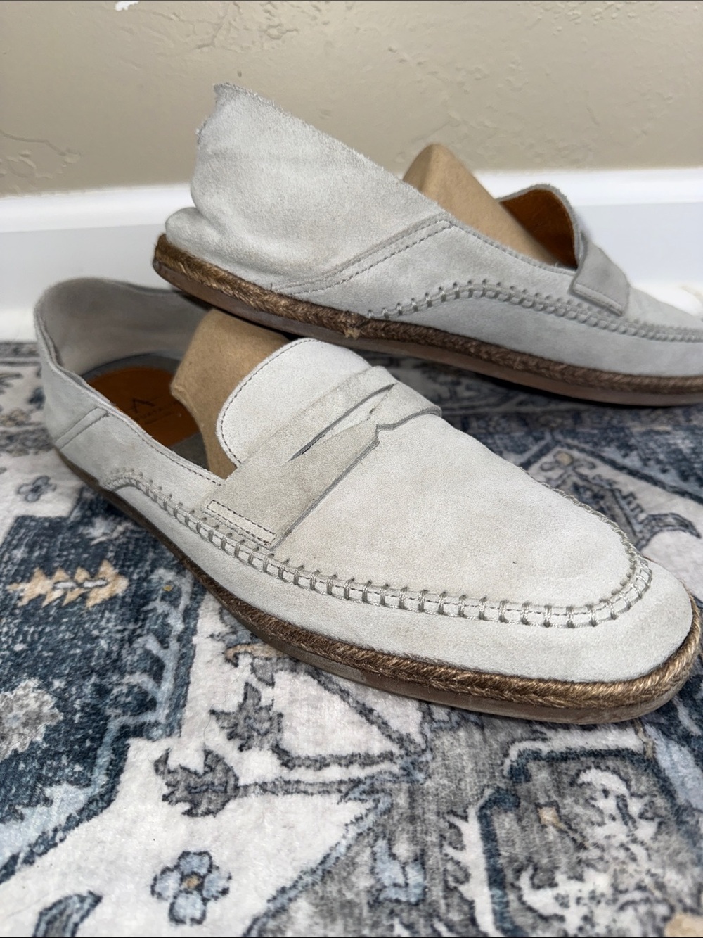 Aquatalia Nikita Italy Penny Loafer Weatherproof Soft Suede Grey Stitch Details